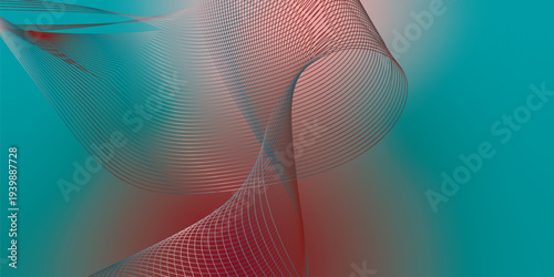 Abstract DarkSalmon, DarkRed and Teal glowing streams bending smoothly over a deep shadowy background with fine glittering particles, futuristic technology atmosphere, vector design.