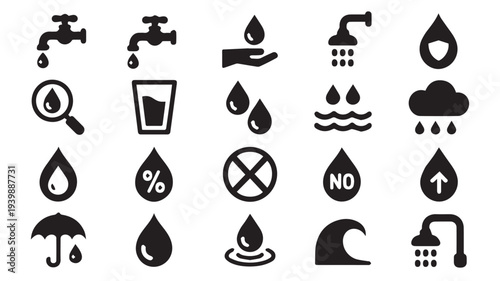 Collection of black and white icons depicting various water-related symbols and actions in a graphic illustration