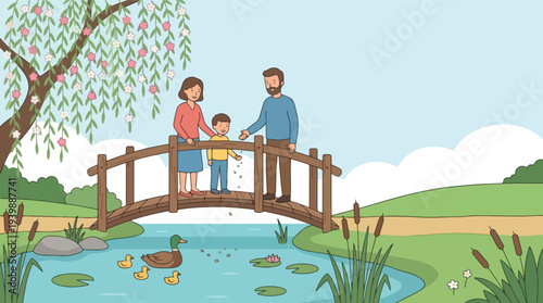 Family enjoying a peaceful day by the pond.
