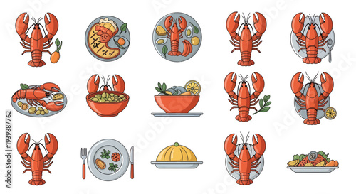 Lobster seafood dish vector icon set, flat illustration of gourmet shellfish dinner, restaurant menu elements with lobster tail and seafood platter isolated on white background