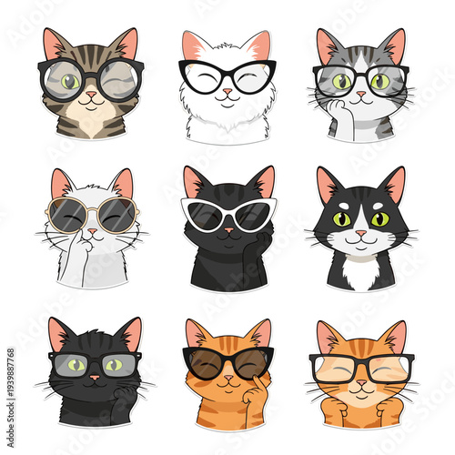 Funny cartoon cat characters set with cute kitten faces and animals in a playful vector illustration collection