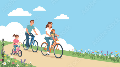 Family enjoying a scenic bike ride together on a sunny day.