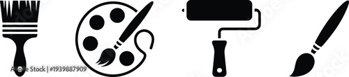 Painting tools silhouette icon set with brush, palette and roller symbols for artist supplies, decoration work and creative design