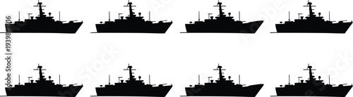 Military warship silhouette set, naval destroyer ship vector collection, navy fleet vessel icons isolated, maritime defense boats illustration pack