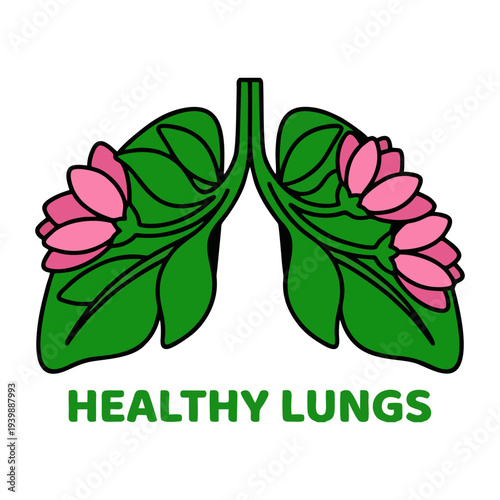 Stylized illustration of healthy human lungs formed by green leaves and pink lotus flowers with 'HEALTHY LUNGS' text below.