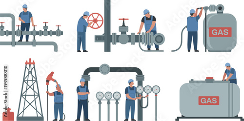 Gas industry workers operating pipelines valves storage tanks drilling rig and pressure gauges industrial energy production maintenance flat vector illustration