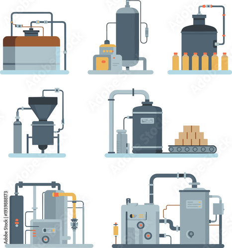Industrial factory processing machines chemical production equipment manufacturing plant system distillation tanks packaging conveyor technology flat vector illustration set
