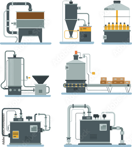 Industrial factory processing machines production equipment manufacturing system distillation tanks conveyor packaging line chemical processing flat vector illustration set