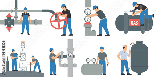 Industrial gas pipeline workers operating valves and pressure gauges vector illustration set showing maintenance, inspection, repair, and refinery engineering activities