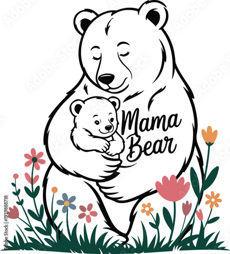 Mother Bear Hugging Baby Bear Cute Family Illustration

