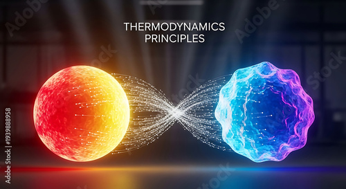 Heat transfer between hot and cold objects illustrating thermodynamics principles in a scientific visualization with vibrant colors and dynamic energy exchange