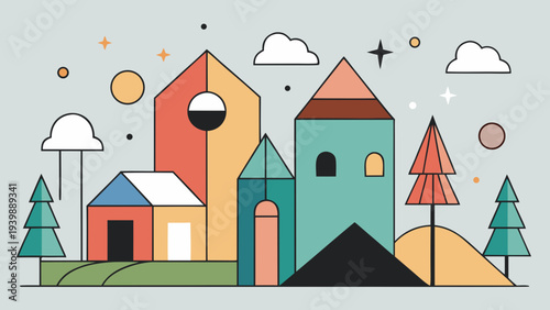 Abstract Scandinavian-style house shapes arranged in a balanced minimalist composition. Cozy modern wall art inspired by Nordic design and architecture.