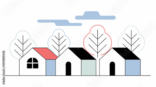 Abstract Scandinavian-style house shapes arranged in a balanced minimalist composition. Cozy modern wall art inspired by Nordic design and architecture.