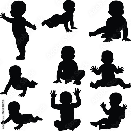 Baby silhouettes collection, crawling sitting standing infant poses set, cute toddler activity vector illustration, newborn child growth stages silhouette bundle