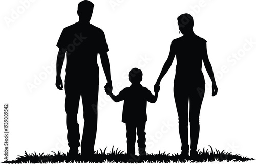 Family silhouette walking together on grass, mother father and child holding hands, happy parenting moment, loving parents with kid vector illustration