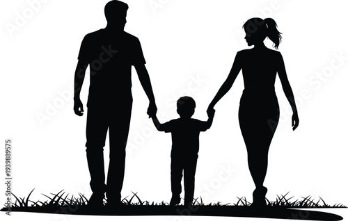 Family silhouette walking together, mother father and child holding hands, happy parenting concept, loving parents with kid vector illustration isolated background