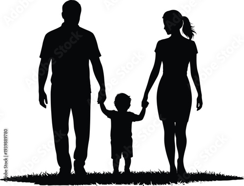 Family walking silhouette with father, mother and little child holding hands together, happy parenting lifestyle concept vector illustration isolated on white background
