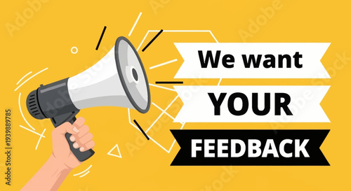 Graphic illustration of a hand holding a megaphone with a call for feedback on a vibrant yellow background