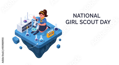 Isometric illustration of a girl scout participating in activities on a blue platform with various objects for National Girl Scout Day.