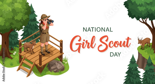 Illustration of a girl scout in uniform observing nature on a wooden platform with trees and a deer in the background, celebrating National Girl Scout Day with a mix of earthy tones and
