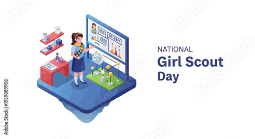 Illustration of a girl scout participating in girl scouting activities on National Girl Scout Day with a vector design celebrating the girl scouting movement.