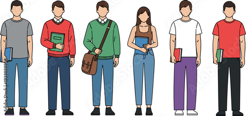 College students standing with books and backpack young people education characters group university campus lifestyle flat vector illustration isolated