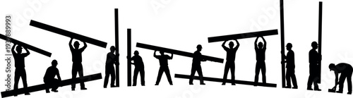 Construction Workers Silhouette Team Carrying Beams and Building Framework, Industrial Labor, Engineering Worksite Activity Illustration Set Isolated on White Background