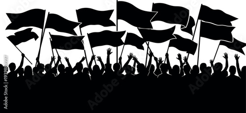 Crowd Protest Demonstration Silhouette with Raised Hands and Waving Flags, Political Rally, Social Movement, Activism Concept Illustration Isolated on White Background