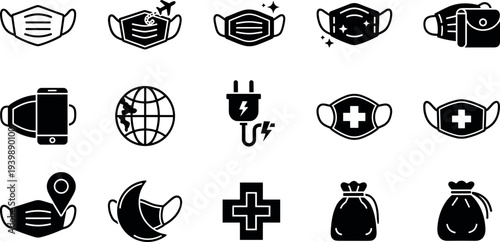 Face Mask Icon Set with Medical Protection, Travel Safety, Mobile App, Global Health, Charging Plug and Hygiene Symbols Vector Collection Isolated
