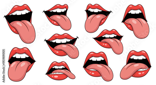 Collection of cartoon mouths and tongues sticking out in various expressions on white background