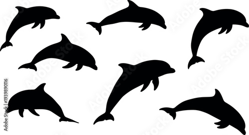 Dolphin Silhouette Collection Showing Jumping and Swimming Dolphins in Different Poses, Marine Mammal Ocean Wildlife Illustration Set Isolated on White Background