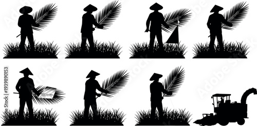 Farmers Harvesting Rice Silhouette Collection with Traditional Asian Farmer Carrying Rice Plants and Agricultural Machine in Rural Field Illustration Set