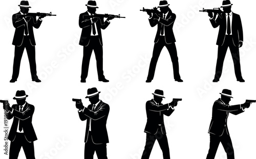 Gangster and mafia men silhouettes aiming guns and rifles wearing suits and hats vintage crime characters isolated vector illustration set
