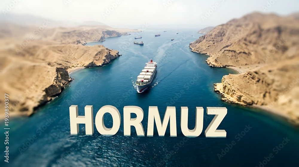 Fototapeta premium Cargo ship navigates strait of Hormuz middle eastern waterway busy shipping lane between Arabian peninsula and Iran strategic choke point global trade route vital oil passage