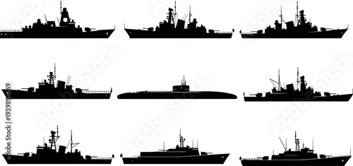 Naval Warships and Submarine Silhouettes Collection Featuring Destroyers, Frigates, Patrol Boats and Military Vessels Isolated for Maritime Defense, Navy Fleet Illustration Set