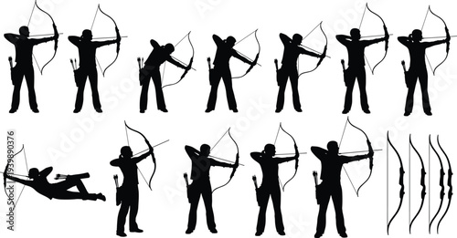 Set of black silhouettes featuring men and women in various joyful poses raising hands celebrating success victory and freedom isolated