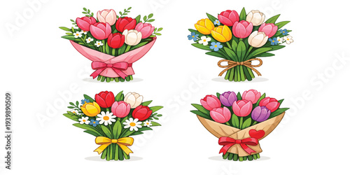 Colourful Tulip Flower Bouquet Collection with Pink, Red, Yellow and Orange Spring Blossoms Wrapped in Decorative Paper Vector Illustration.