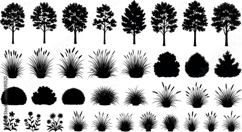 Tree, Bush and Grass Silhouette Collection Featuring Garden Plants, Shrubs and Natural Vegetation Elements for Landscape Design Illustration Set Isolated on White