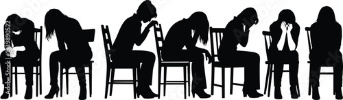 Set of black silhouettes featuring men and women in various joyful poses raising hands celebrating success victory and freedom isolated