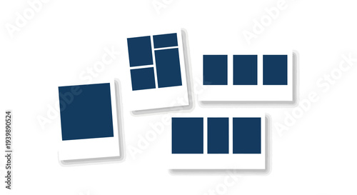 Overhead view of assorted Polaroid photos arranged on a white surface with blue images and white borders.