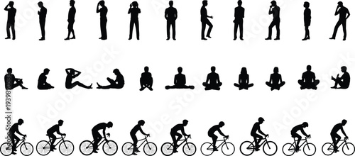 People silhouette collection with standing men, sitting figures, and cycling riders, human activity poses set, black isolated vector illustration