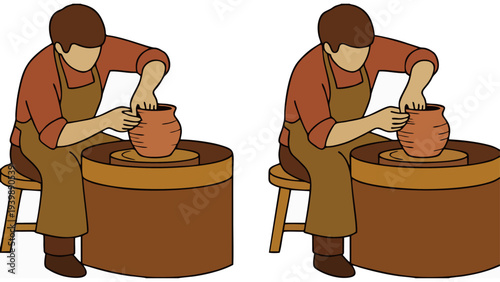 A person, likely a potter, is actively engaged in the craft of pottery, shaping a clay pot on a traditional potter's wheel, demonstrating a hands-on artistic process.
