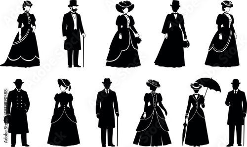Victorian era men and women fashion silhouettes collection with elegant dresses hats umbrellas and walking canes vintage historical costume characters isolated illustration