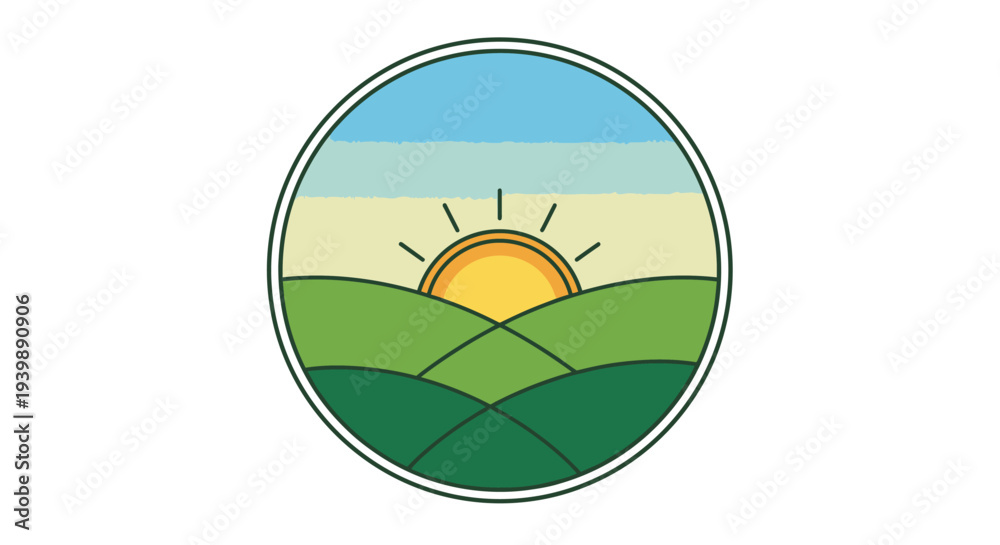 Fototapeta premium Sunset Landscape Icon with Green Hills and Yellow Sun.