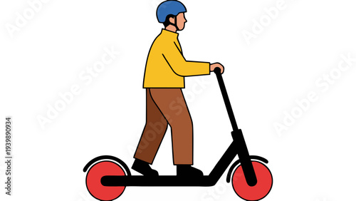 Person wearing a helmet and yellow jacket riding a black electric scooter with red wheels on a white background.