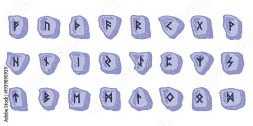 Set of hand drawn viking runes Rune stones with ancient norse alphabet characters engraved on them Scandinavian futhark germanic celtic Single element for design, print, web, decor