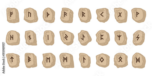 Set of hand drawn viking runes Rune stones with ancient norse alphabet characters engraved on them Scandinavian futhark germanic celtic Single element for design, print, web, decor