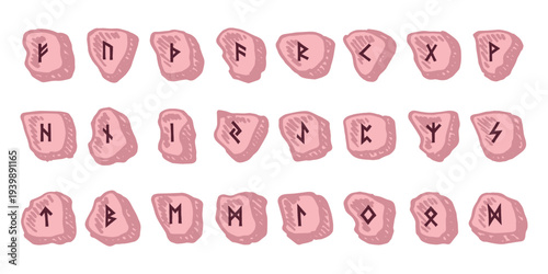 Set of hand drawn viking runes Rune stones with ancient norse alphabet characters engraved on them Scandinavian futhark germanic celtic Single element for design, print, web, decor