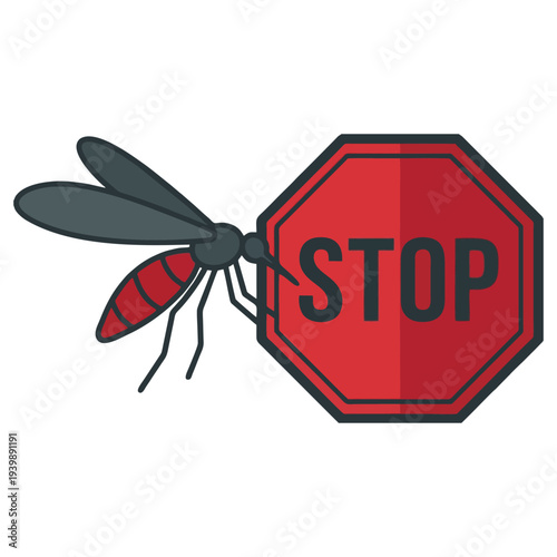 A cartoon illustration of a mosquito next to a red octagonal stop sign, symbolizing pest control and disease prevention efforts.