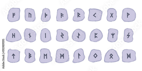 Set of hand drawn viking runes Rune stones with ancient norse alphabet characters engraved on them Scandinavian futhark germanic celtic Single element for design, print, web, decor